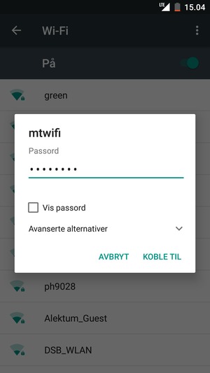 Skriv inn Wi-Fi-passord og velg KOBLE TIL