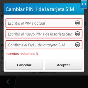 Introduzca su Actual y Nuevo PIN de su tarjeta SIM. Confirme el Nuevo PIN de su tarjeta SIM y seleccione Aceptar