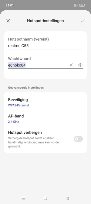 Voer een wachtwoord van een WiFi-hotspot in van ten minste 8 tekens en selecteer OK