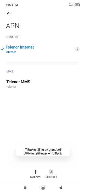 Telefonen din vil tilbakestilles til standard internett-og MMS-innstillinger