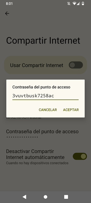 Introduzca una contraseña de punto de acceso Wi-Fi de al menos 8 caracteres y seleccione ACEPTAR