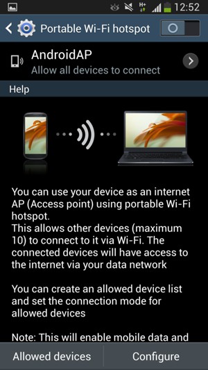 Turn on Mobile hotspot / Portable Wi-Fi hotspot