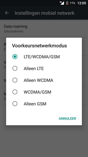 Selecteer WCDMA/GSM om 3G in te schakelen en LTE/WCDMA/GSM om 4G in te schakelen