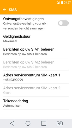 Selecteer Adres servicecentrum SIM-kaart 1 of Adres servicecentrum SIM-kaart 2