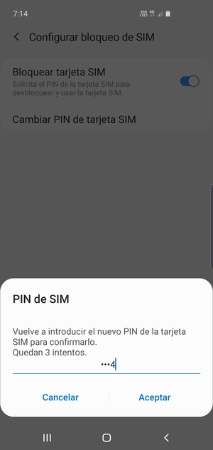 Confirme su nuevo PIN de la tarjeta SIM y seleccione Aceptar