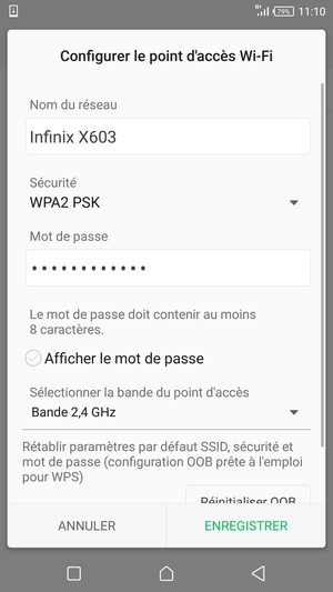 Saisissez un mot de passe de hotspot Wi-Fi d'au moins 8 caractères et sélectionnez ENREGISTRER