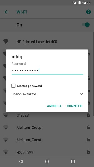 Inserisci la password del Wi-Fi e seleziona CONNETTI