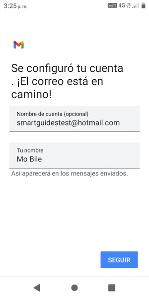 Déle a su cuenta un nombre y escriba su nombre. Seleccione SEGUIR