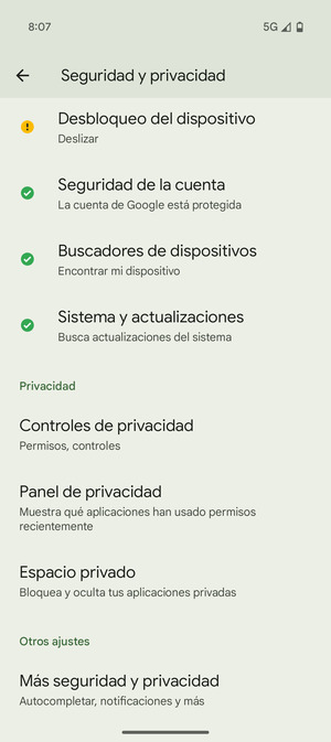 Desplácese y seleccione Más seguridad y privacidad