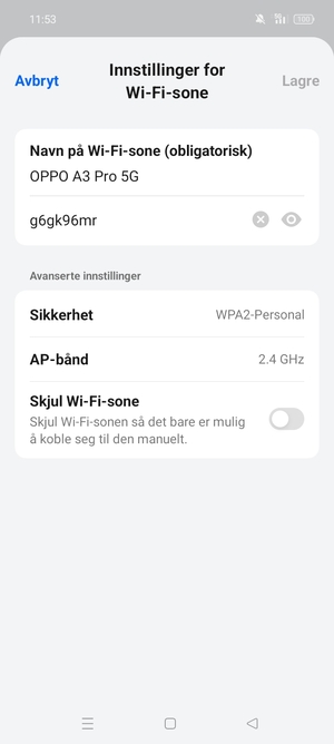 Skriv inn et Wi-Fi hotspot-passord på minst 8 tegn og velg Lagre