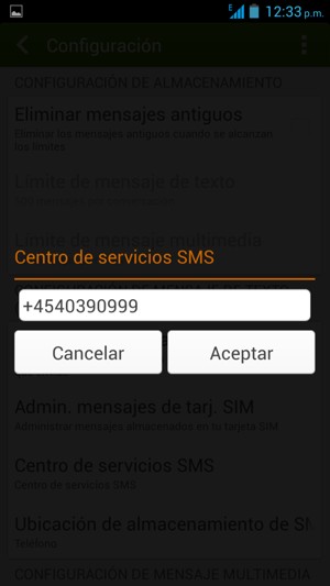 Introduzca Centro de servicios SMS y seleccione Aceptar