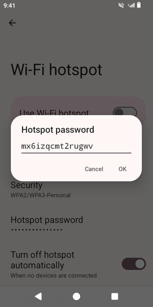 Enter a Wi-Fi hotspot password of at least 8 characters and select OK