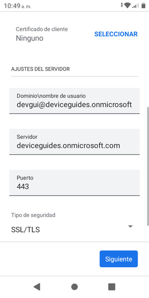 Introduzca Nombre de usuario y Exchange Server address. Seleccione Siguiente