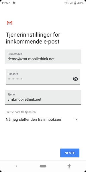 Skriv inn Brukernavn og innkommende serveradresse. Velg NESTE