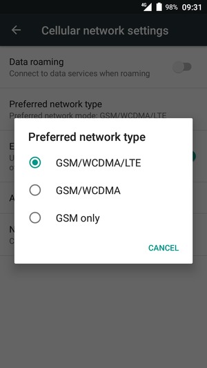 Select GSM/WCDMA to enable 3G and GSM/WCDMA/LTE to enable 4G