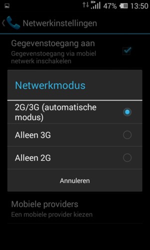 Selecteer Alleen 2G om 2G in te schakelen en 2G/3G (automatische modus) om 3G in te schakelen