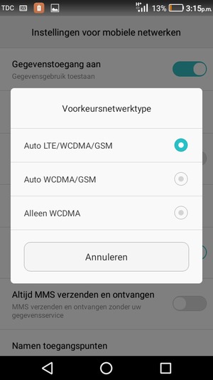 Selecteer Auto WCDMA/GSM om 3G in te schakelen en Auto LTE/WCDMA/GSM om 4G in te schakelen