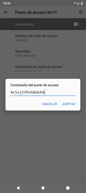 Introduzca una contraseña de punto de acceso Wi-Fi de al menos 8 caracteres y seleccione ACEPTAR