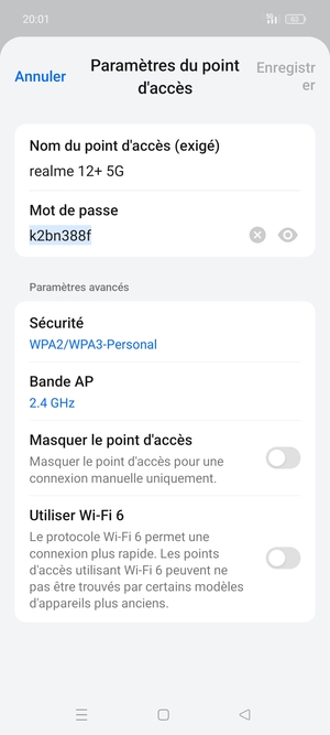 Saisissez un mot de passe de hotspot Wi-Fi d'au moins 8 caractères et sélectionnez Enregistrer