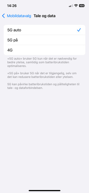 For å aktivere 5G, velg 5G auto eller 5G på