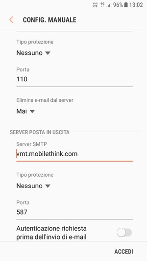 Disattiva Autenticazione richiesta prima dell'invio di e-mail e seleziona ACCEDI