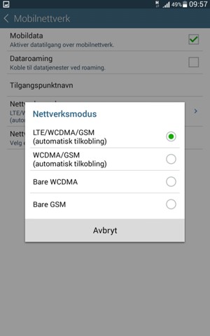 Velg WCDMA/GSM (automatisk tilkobling) for å aktivere 3G og LTE/WCDMA/GSM (automatisk tilkobling) for å aktivere 4G