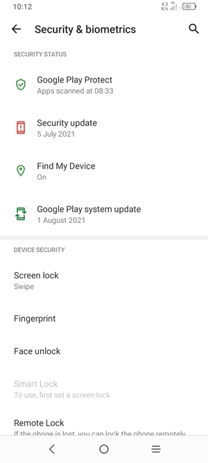 To activate your screen lock, return to the Security & biometrics menu and select Screen lock