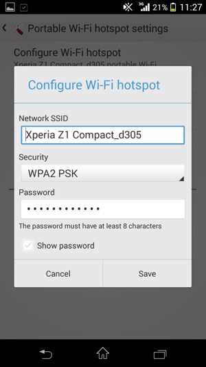 Enter a Wi-Fi hotspot password of at least 8 characters and select Save