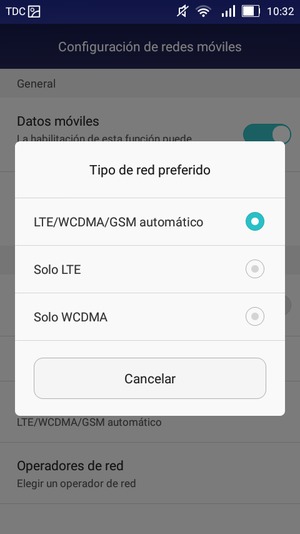 Seleccione Solo WCDMA para habilitar 3G y LTE/WCDMA/GSM automático para habilitar 4G