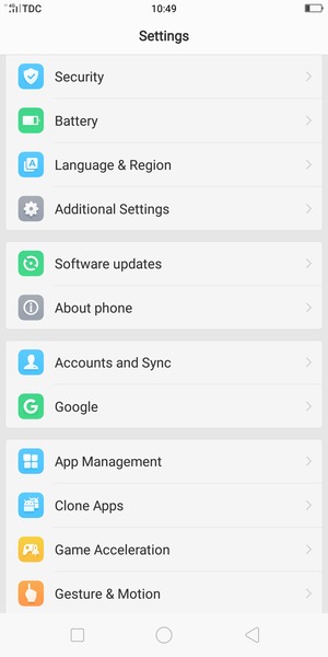 Return to the Settings menu and select Accounts and Sync