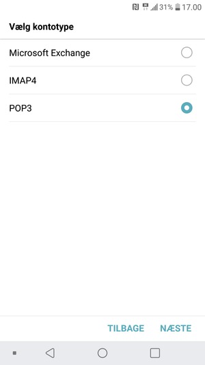 Vælg IMAP4 eller POP3 og vælg NÆSTE
