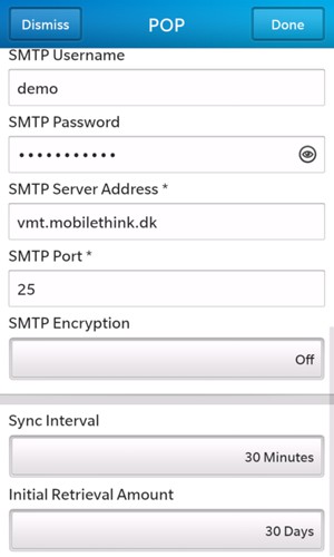 Enter Outgoing server address and set SMTP Encryption to off. Select Done