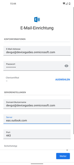 Geben Sie Benutzername und Exchange Server-Adresse ein. Wählen Sie Weiter