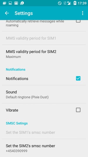 Scroll to and select Set the SIM1's smsc number or Set the SIM2's smsc number