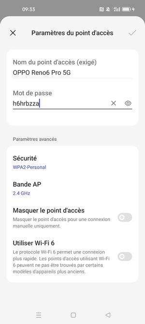 Saisissez un mot de passe de hotspot Wi-Fi d'au moins 8 caractères et sélectionnez OK