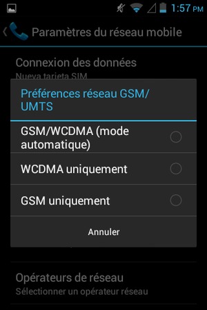Sélectionnez GSM uniquement pour activer la 2G et GSM/WCDMA (mode automatique) pour activer la 3G