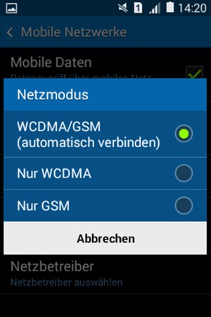 Wählen Sie Nur GSM, um 2G zu aktivieren und GSM/WCDMA (automatisch verbinden), um 3G zu aktivieren
