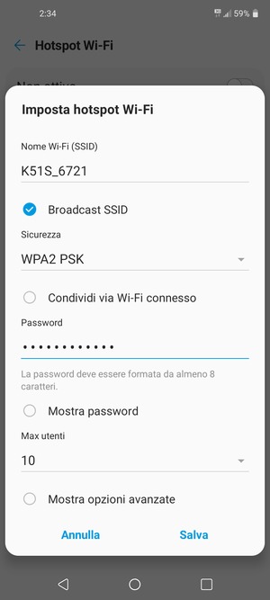 Inserisci una password dell'hotspot Wi-Fi di almeno 8 caratteri e seleziona Salva