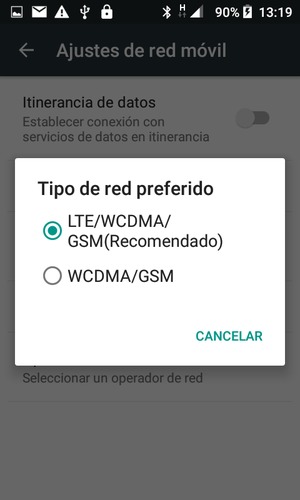 Seleccione WCDMA/GSM para habilitar 3G y LTE/WCDMA/GSM(Recomendado) para habilitar 4G