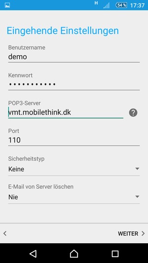 Geben Sie Benutzername und die Server-Adresse für eingehende Post ein. Wählen Sie WEITER