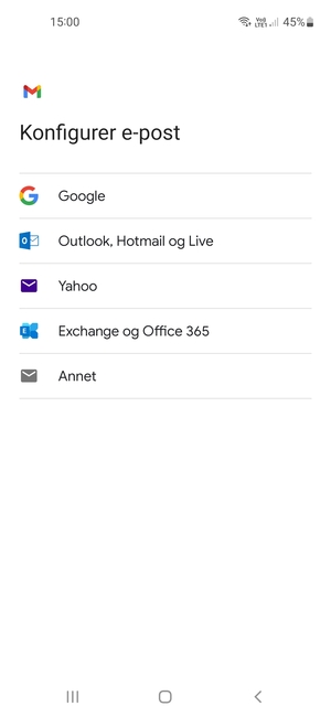 Velg Exchange og Office 365