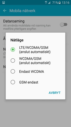 Välj WCDMA/GSM (anslut automatiskt) för att aktivera 3G