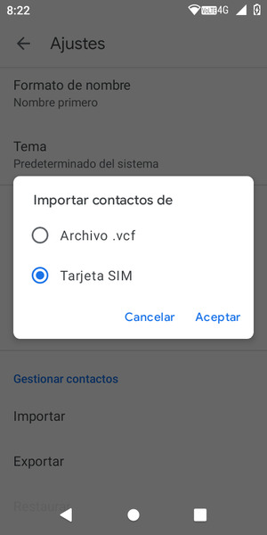 Seleccione Tarjeta SIM y  Aceptar