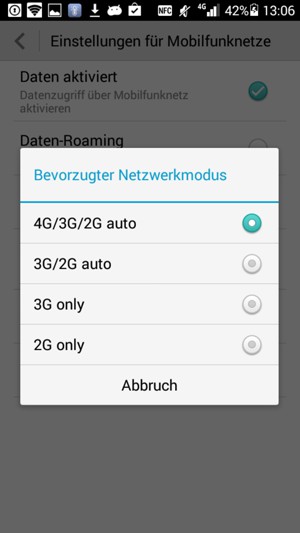 Wählen Sie 2G only / Nur GSM, um 2G zu aktivieren