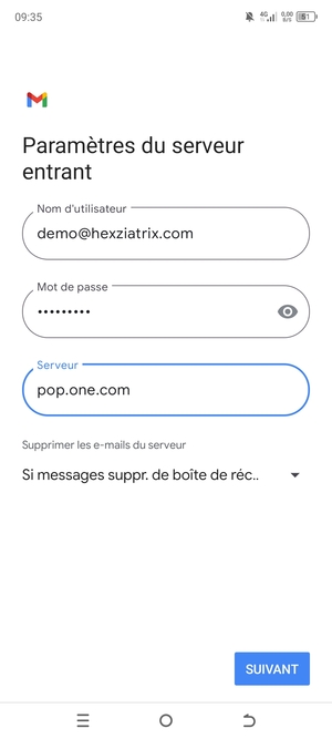 Saisissez votre Nom d'utilisateur et l'adresse du serveur entrant. Sélectionnez SUIVANT