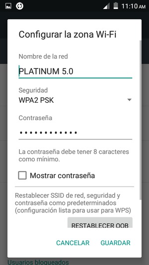 Introduzca una contraseña de punto de acceso Wi-Fi de al menos 8 caracteres y seleccione GUARDAR