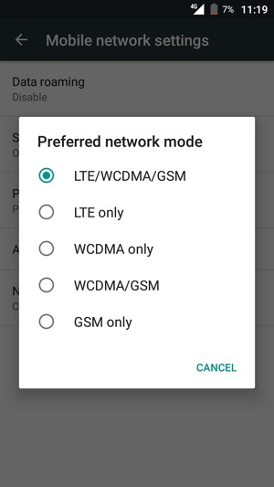 Select WCDMA/GSM to enable 3G and LTE/WCDMA/GSM to enable 4G