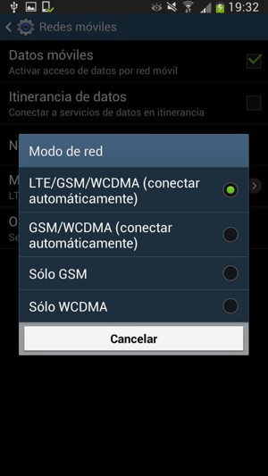 Seleccione Sólo GSM para habilitar 2G y seleccione GSM/WCDMA (conectar automáticamente) para habilitar 3G