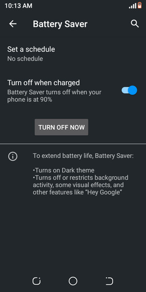 To turn off Battery saver, select TURN OFF NOW