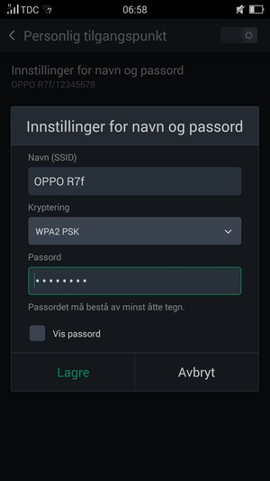 Skriv inn et Wi-Fi hotspot-passord på minst 8 tegn og velg Lagre